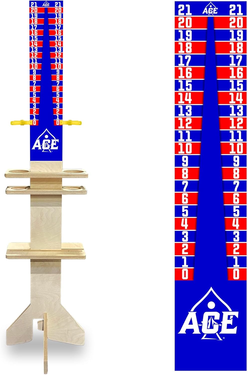 CornholeAce Elite Cornhole Scoreboard 3ft or 5.5ft Tall Hardware Free Stand with UV Printed Score Panel 0 to 21 Phone Tablet Scorekeeping Area Livestream Shelf 2 Drink Holders