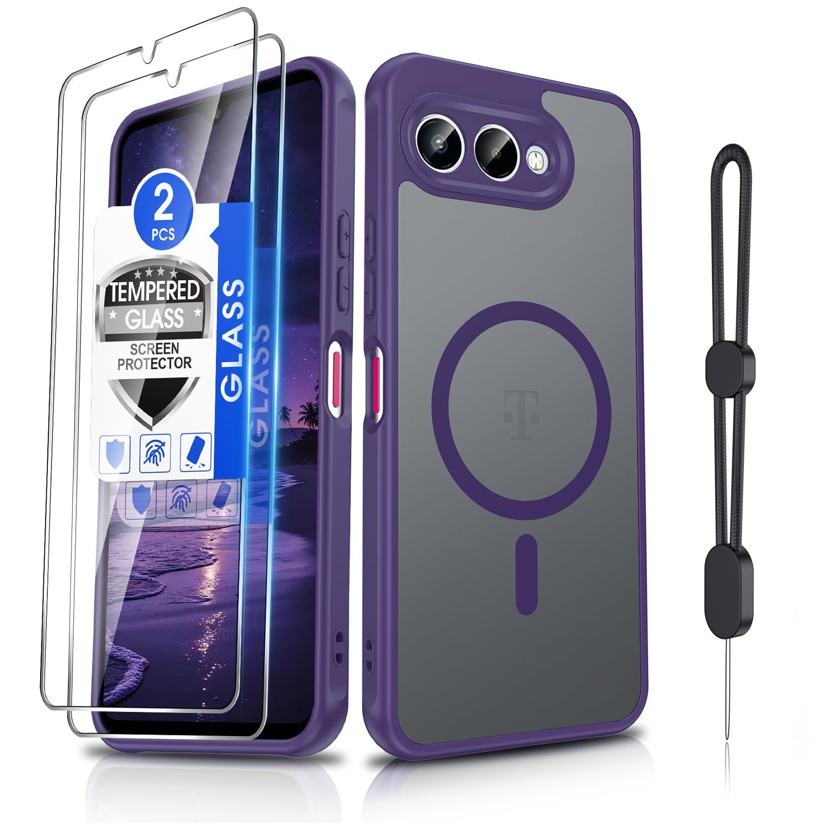 Dizn Magnetic for T-Mobile Revvl 8 Phone Case,[Not Fit Revvl 8 Pro],with Tempered Glass Screen Protector,Compatible with MagSafe,with Strap,Military-Grade Protective for T-Mobile Revvl 8, Purple