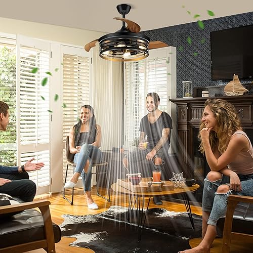 Vista 19 de Ventiladores de techo retráctiles de 42 pulgadas con luces con control remoto, ventiladores de techo industriales enjaulados, ventilador de techo