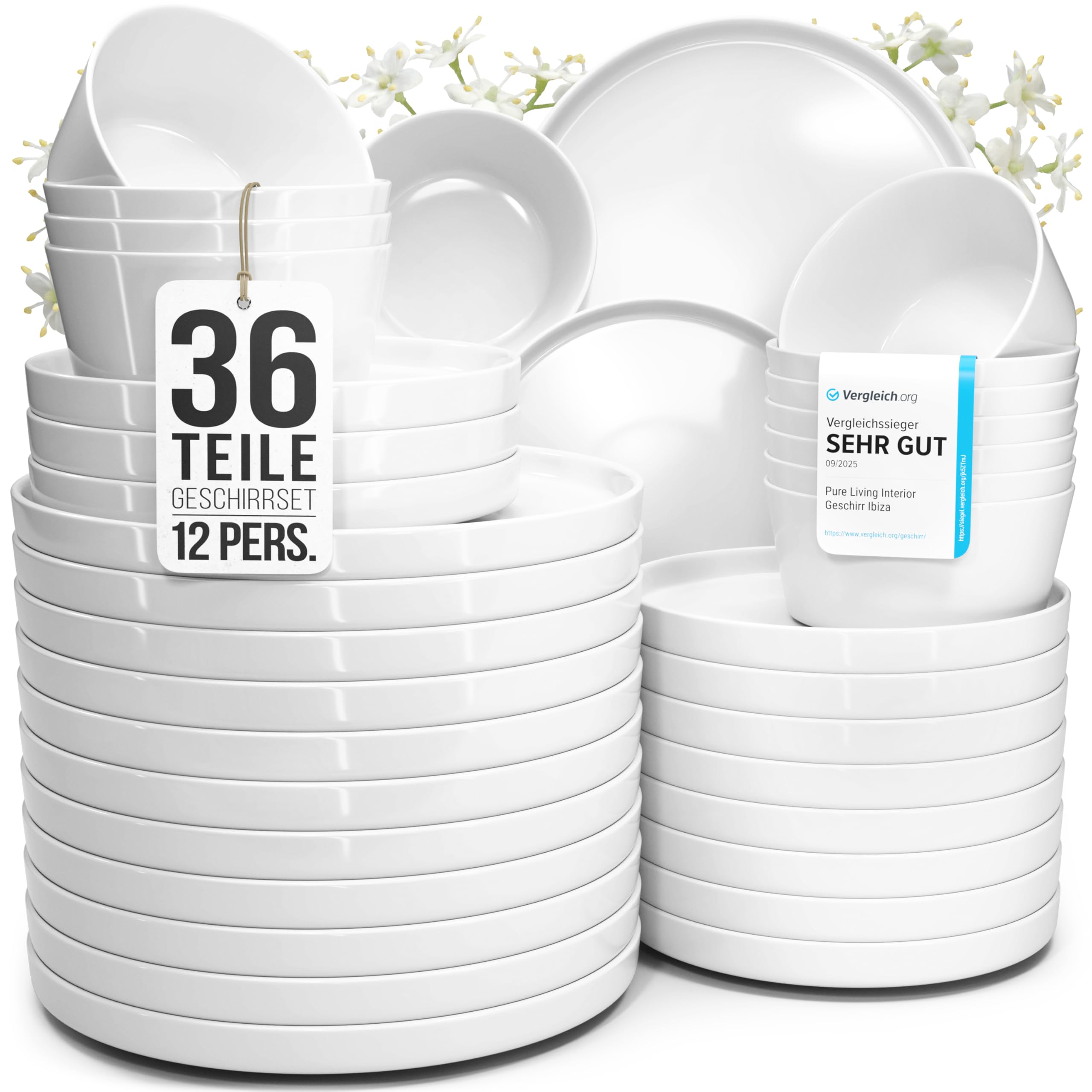 Porzellan Geschirrset 12 Personen Crystal 36 tlg. TESTSIEGER, Cooles klares Porzellan Geschirr Set, Schüssel- und Teller Set, Tafelservice 12 Personen, Geschirrsets Pure Living in weiß