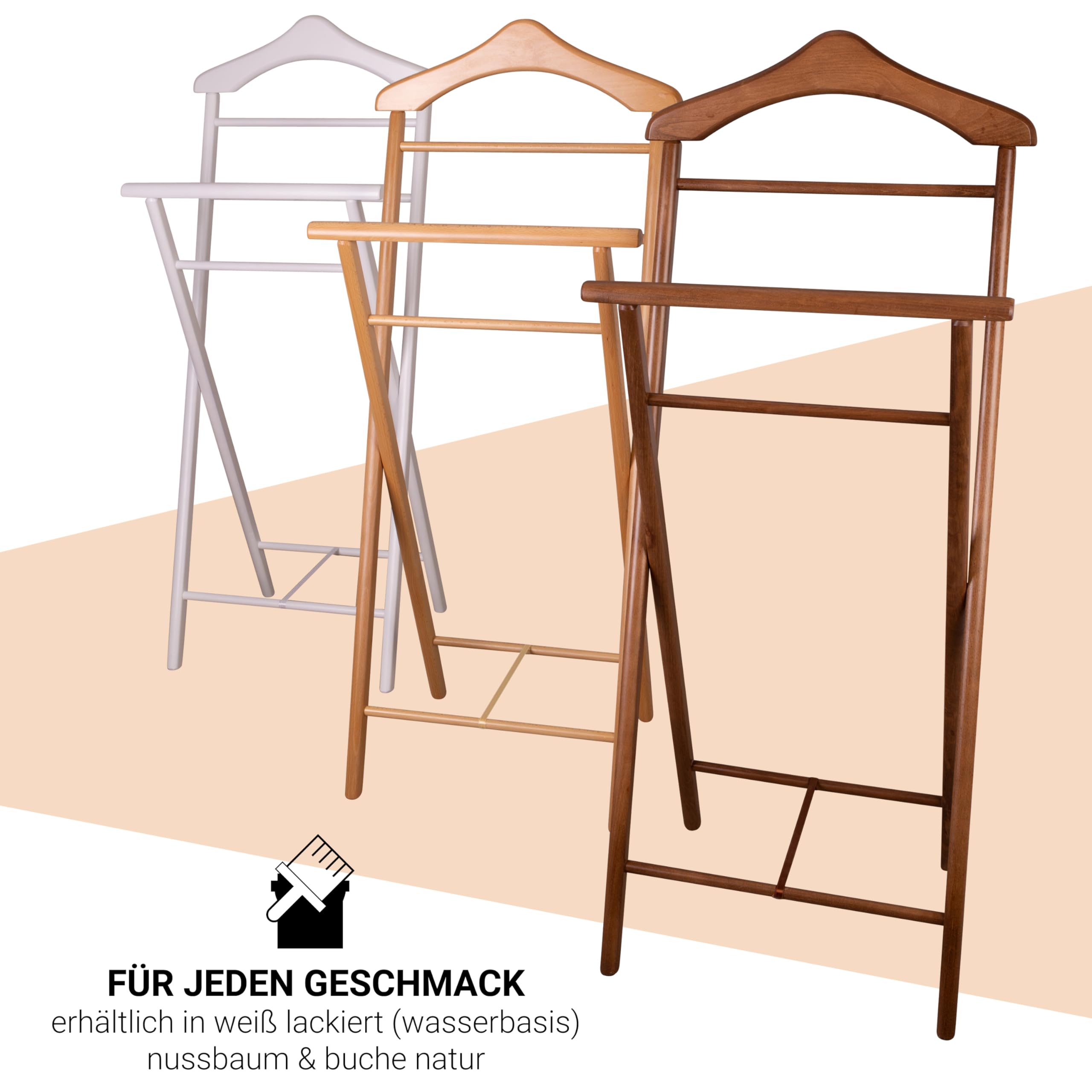 Herrendiener aus Massivholz in 3 Farben – fertig montierter Kleiderbutler & Stummer Diener – stabiler Stiller Diener für Schlafzimmer, Ankleide, Garderobe & Bad I Kleiderablage (Buche)