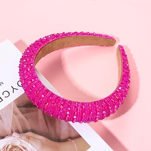 Miniatura 5 de NVENF Diadema rosa intensa acolchada con diamantes de imitación de cristal para mujer, diadema ancha de terciopelo con bisutería, accesorio para el