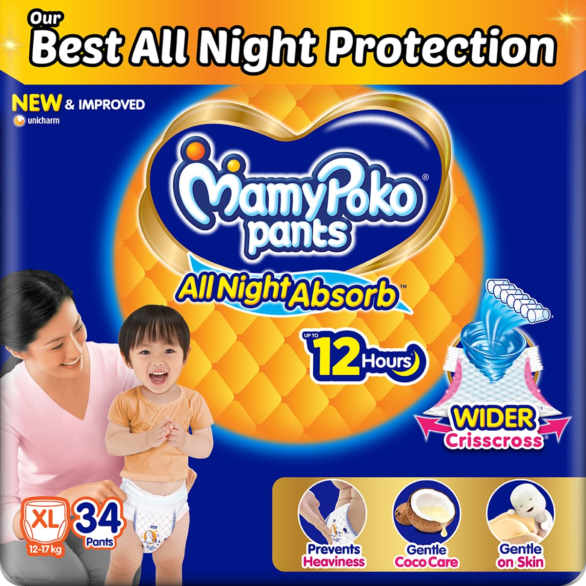 Mamypoko pants All night absorb| Pant Style Baby Diapers X- Large Size(XL), 34 Count, Ideal for 12-17Kgs|1 Diaper= Upto All night Absorption|Wider Crisscross Sheet|Gentle Coco Care| 12hr Leakage Protection| Prevents Heaviness.
