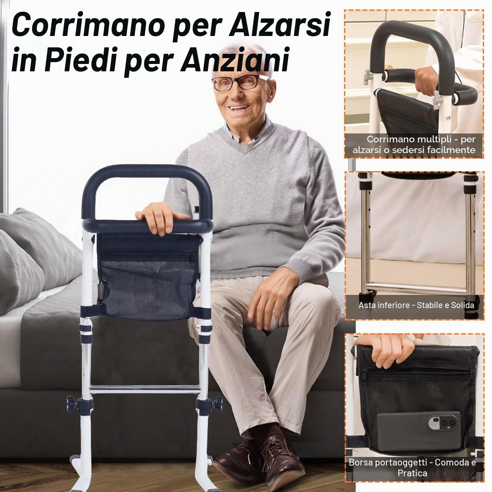 supporto in piedi per anziani, regolabile in altezza aiuto per alzarsi dal letto Anziani supporto wc per Ausili per la Mobilità per la Casa, Letto, WC, Divano