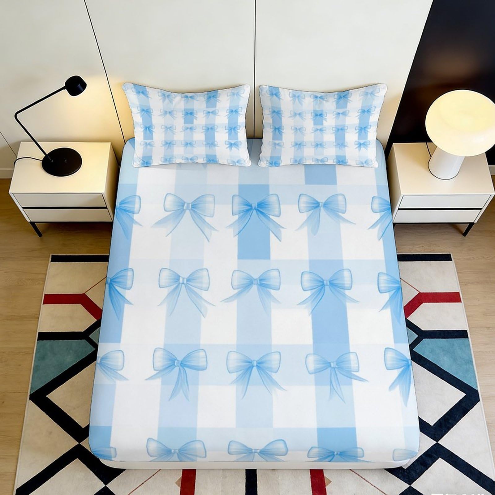 Jqzkxnhpbr Style-9 3D Printed Blue Gingham Bow Fitted Sheet Microfiber Soft Non-Slip Bed Cover For Bedroom Guest Room Dorm Decor 90X200x25cm