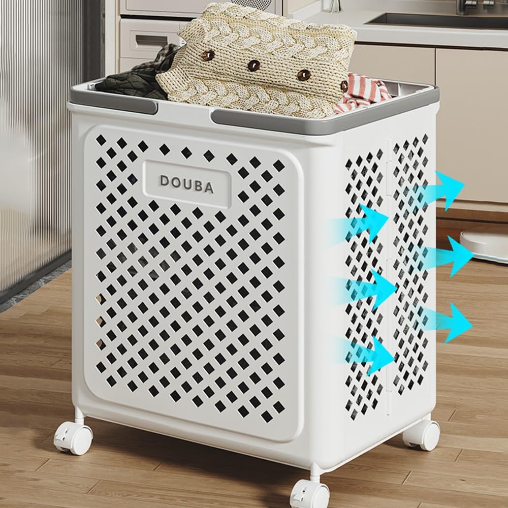 Cesto portabiancheria pieghevole, con manici e rotelle, per camera da letto, bagno, lavanderia, 36 x 28 x 49 cm (lunghezza x larghezza x altezza) (bianco)