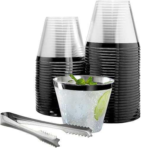 Juego de 100 vasos de plástico con borde negro y 1 pinza de hielo plateada, copas de cóctel desechables de 9 onzas, copas de vino de plástico,