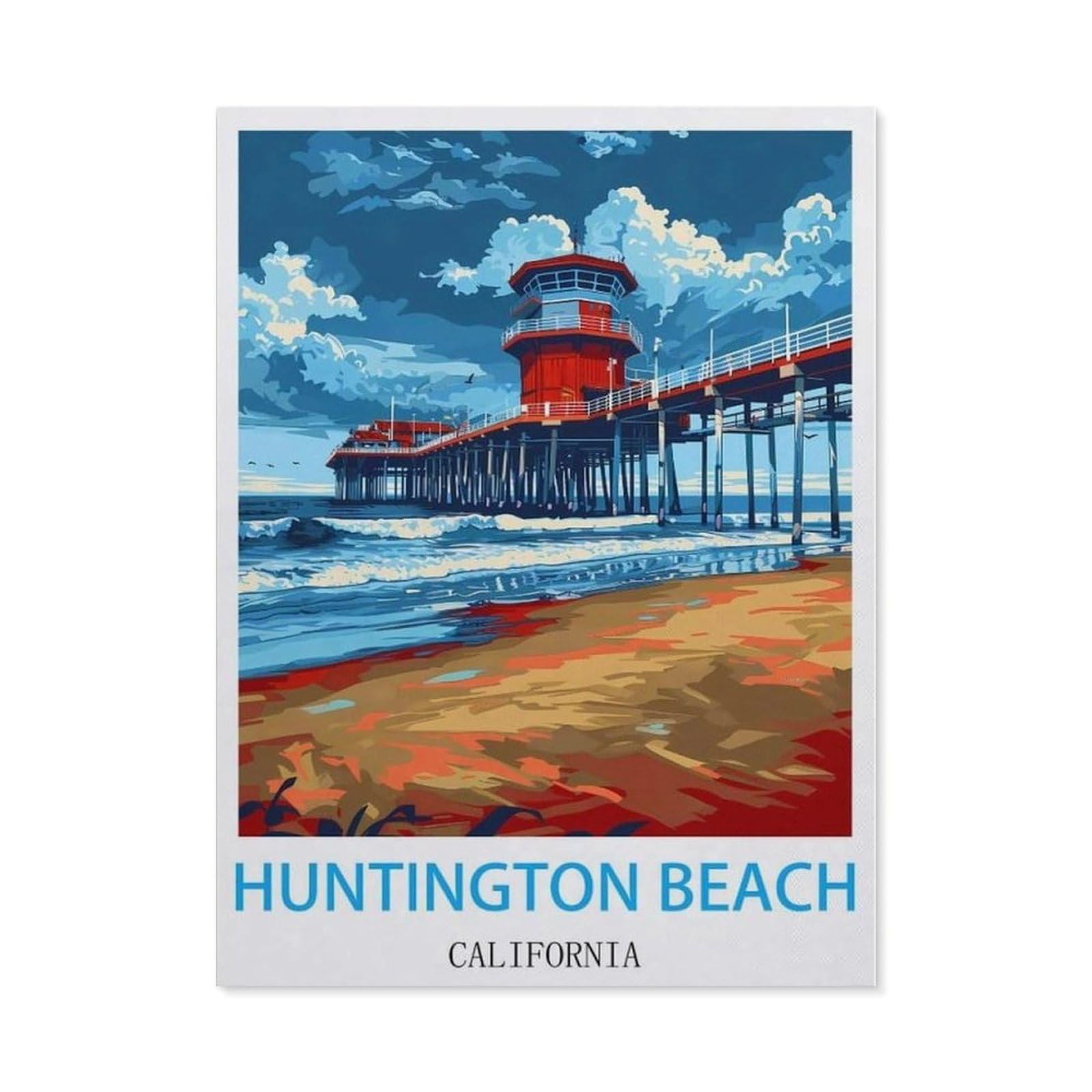 Beayodkp （30 X 40 Cm/11.81 X 15.74 Inches） 5D Diamond Painting Set For Adults And Children，Huntington Beach California Vintage Travel Poster，Diy Diamond Crystal Rhinestone Embroidery Painting-Ch52