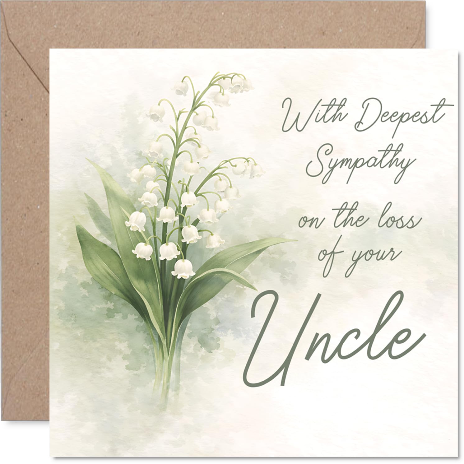Comforting Sympathy Card - Loss of Uncle - Gentle Floral Touch - Lily of the Valley Design in Calming Green and White - 145mm Square, Envelope Included