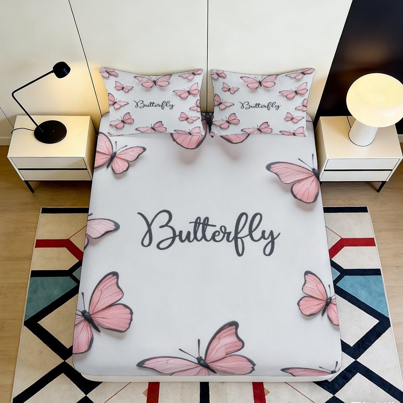 Pnayamiorkfel Style-9 3D Printed Pink Butterfly Fitted Sheet Microfiber Soft Slip-Resistant Artistic Bed Cover For Bedroom Guest Room Decor 90X200x25cm