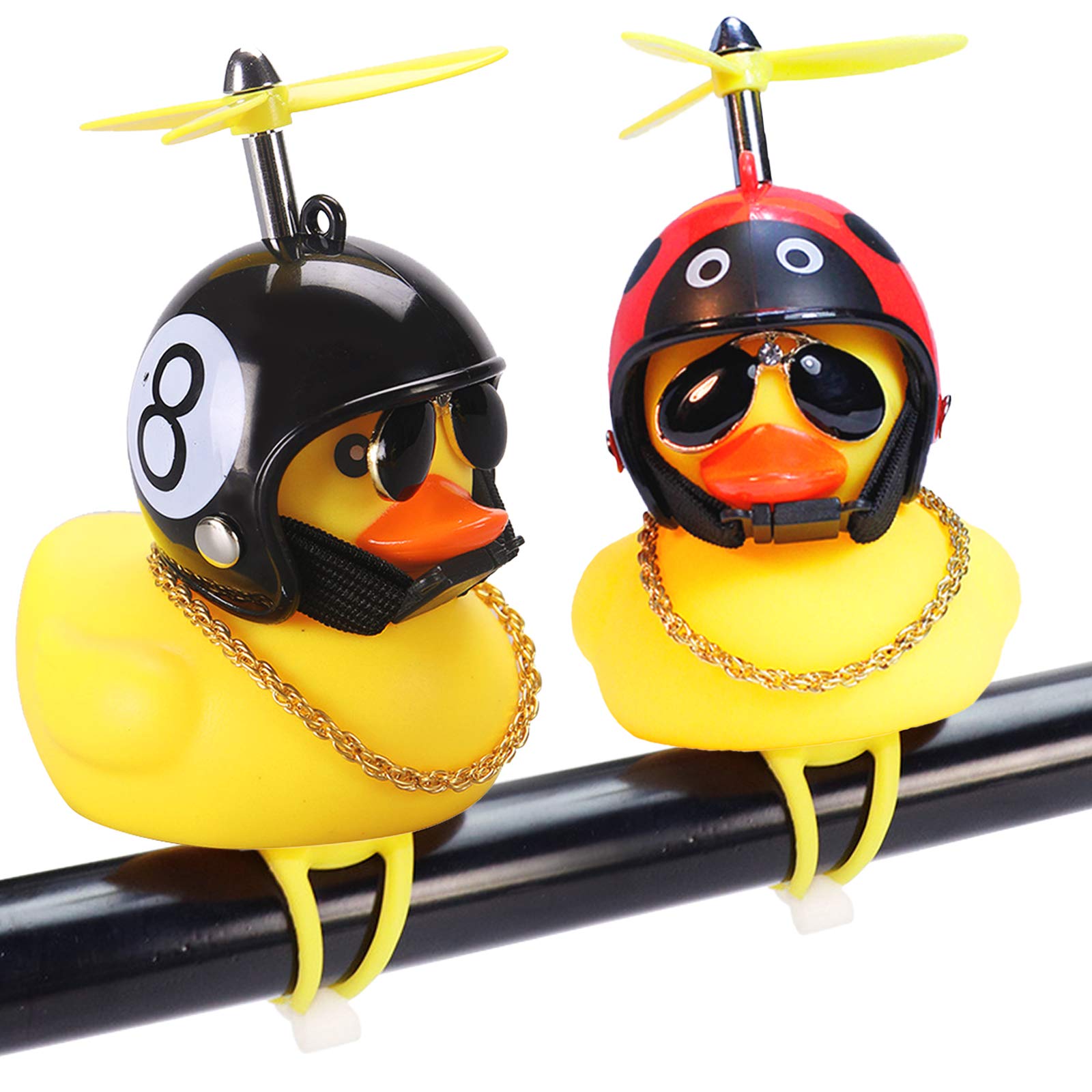 wonuu Rubber Duck Car Ornaments, 2Pcs Yellow Duck Car Dashboard Decorations Squeeze Duck Bicycle Horns with Propeller Helmet