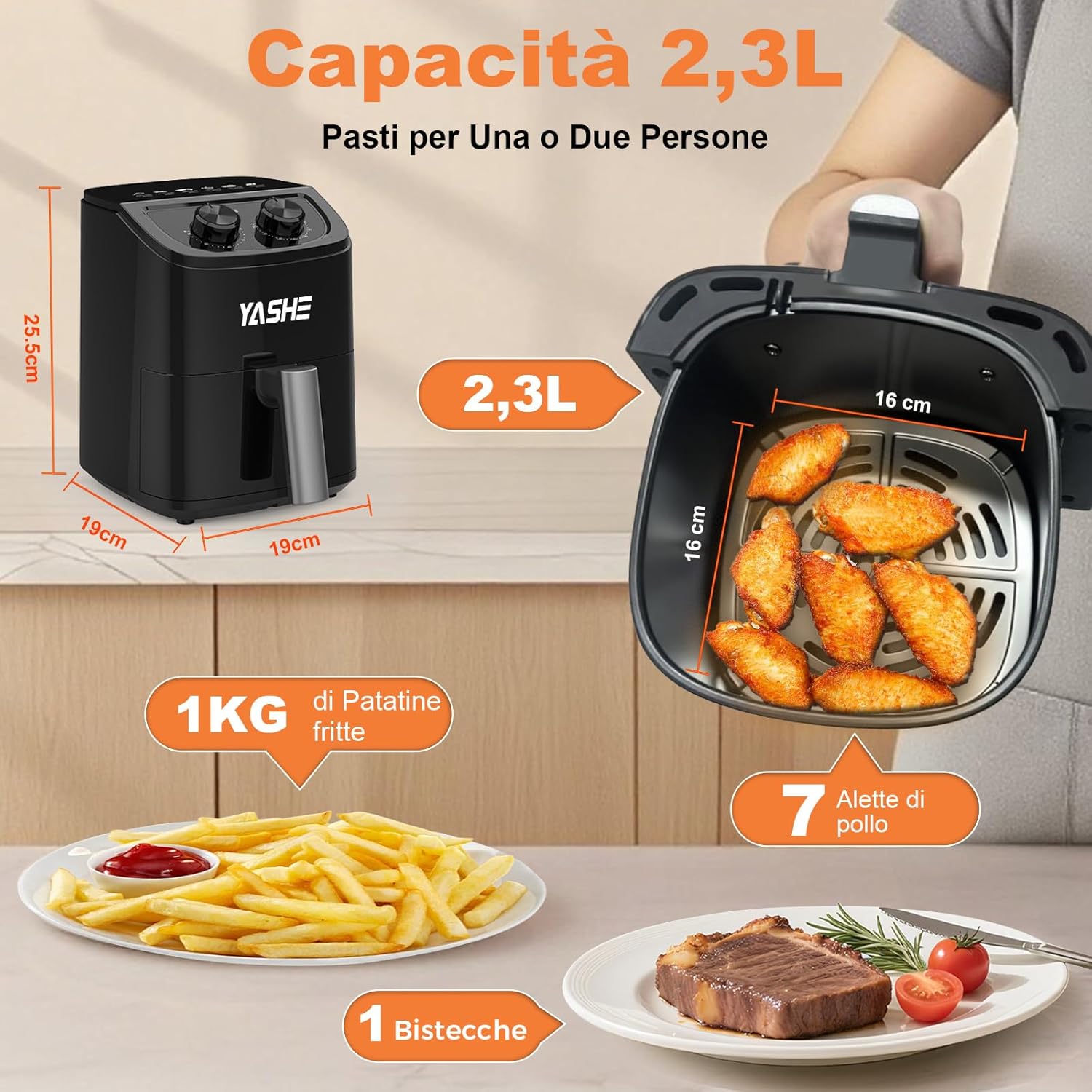 YASHE 2.3L air fryer showing its compact dimensions and basket capacity, with examples of food portions like 1kg fries, 7 chicken wings, and 1 steak.