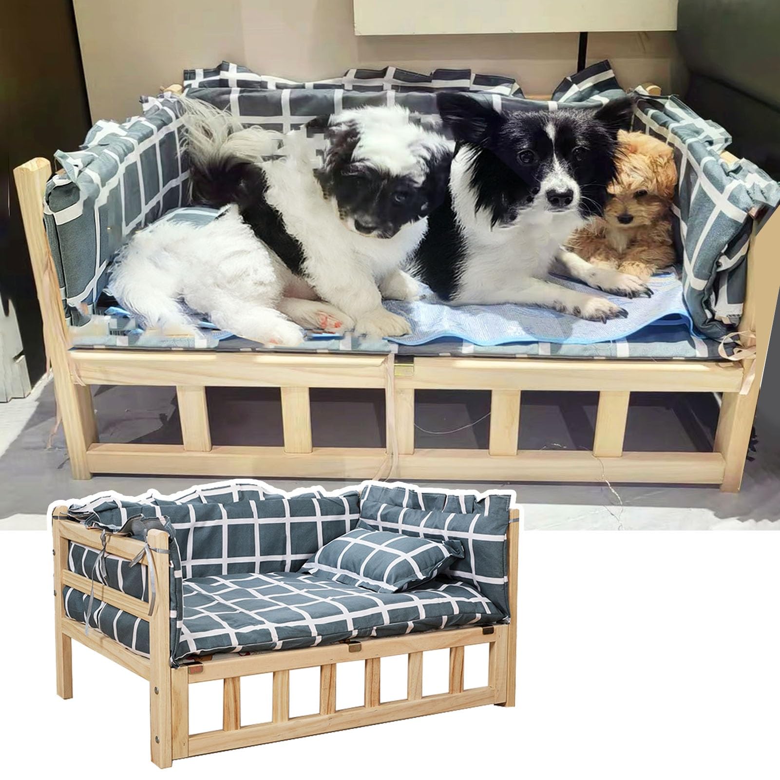 Letto per Cani Cucce Rialzate per Cani con Struttura In Legno E Cuscino di Supporto, Cucce Rialzate per Animali Domestici con Sponde, Culle Rialzate Lavabili per Cani S M L XL(S-54x39x38cm/21x15x15")