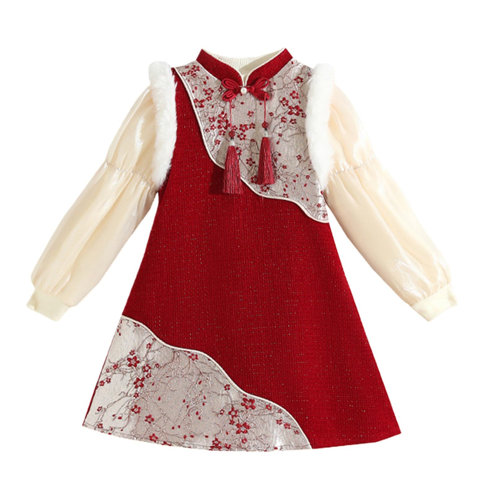 Vestido de Año Nuevo chino para niñas, bordado floral tradicional chino Cheongsam, vestido de satén con mangas abullonadas y borlas, cálido y elegante, vestido acampanado