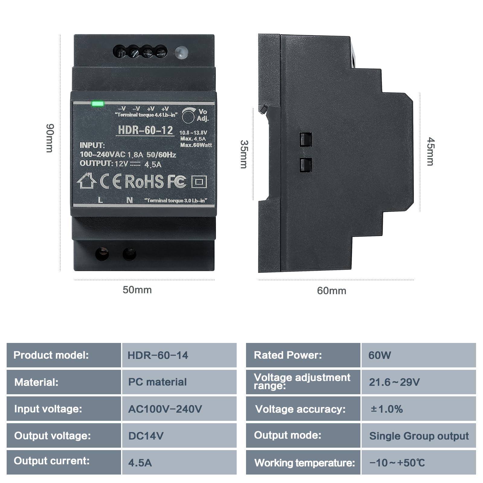 Jadeshay Zasilacz do szyny DIN 12 V DC 4.5A 60W Zasilacz sieciowy do szyny DIN Transformator dla urządzeń automatyki przemysłowej HDR-60W-12V4.5A