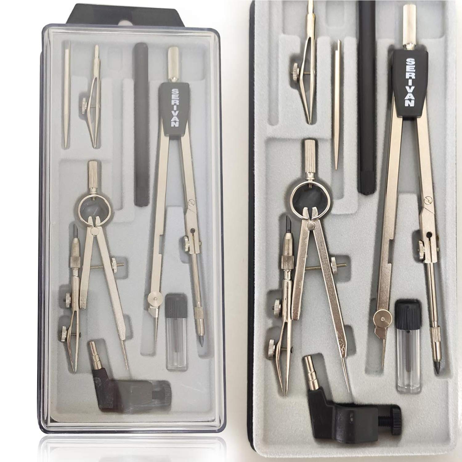 Estuche de 7 piezas SERIVAN con Compás, Tiralíneas, Adaptador Universal, aguja roma, tubo con mina