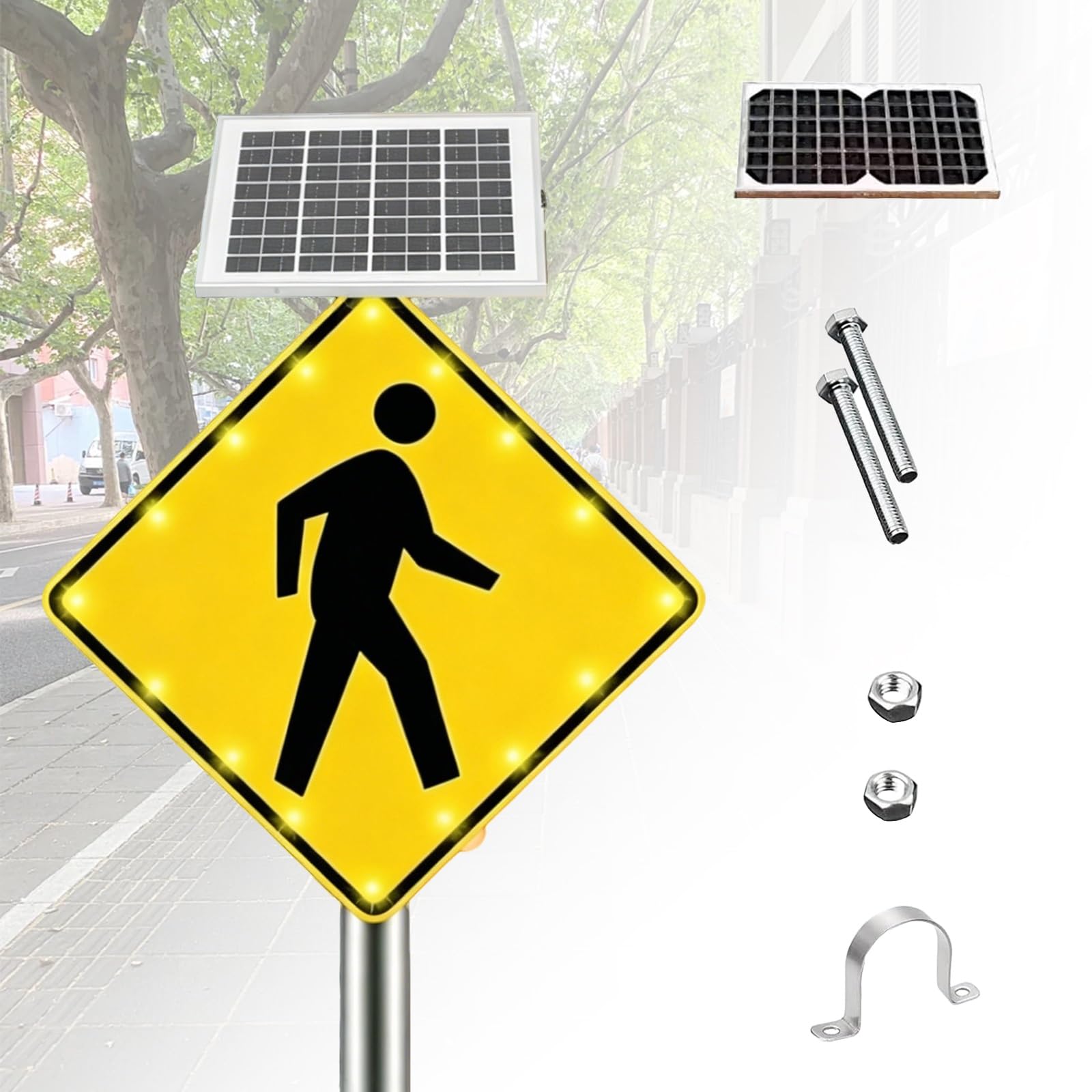 Solar Powered Pedestrian Crossing Sign, Blinking Led Traffic Warning Sign, Heavy Duty Metal, Reflective Film, Ip65 Waterproof, Solar-Powered, for Roads Crosswalks(30")