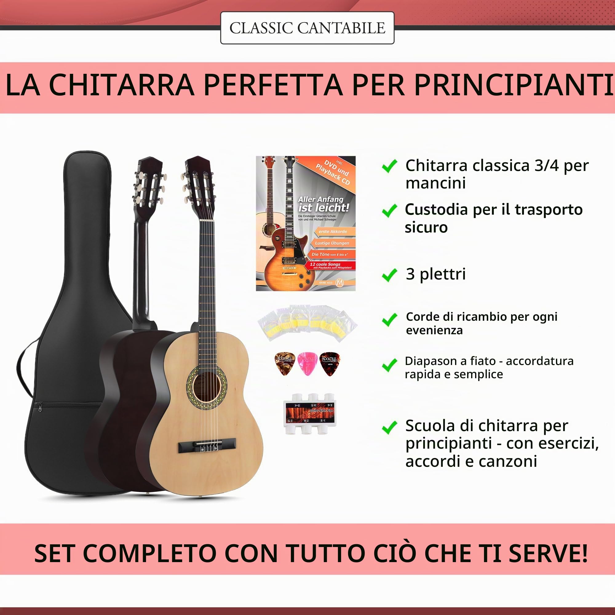 Classic Cantabile Acoustic Series AS-851-L Chitarra Classica 3/4, Peso: 1 | Modello: AS-851-L 3/4, 5 kg, Numero di corde: 6, Orientamento: Mancini, Tavola armonica: Tiglio, Fondo e fasce: Tiglio, 5 cm