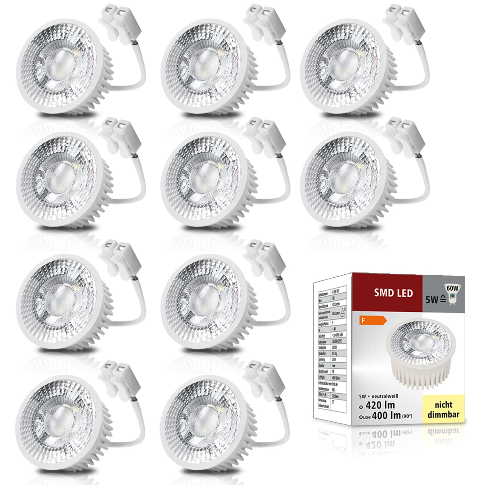 trendlights24 LED Modul 5W extra flach 50 x 23 mm 230V Neutralweiß 10x Spot | für Einbaustrahler, ultra flach, 23 mm hoch, 400lm, 4000k, 50° Abstrahlwinkel, Perfekter Ersatz für GU10 MR16