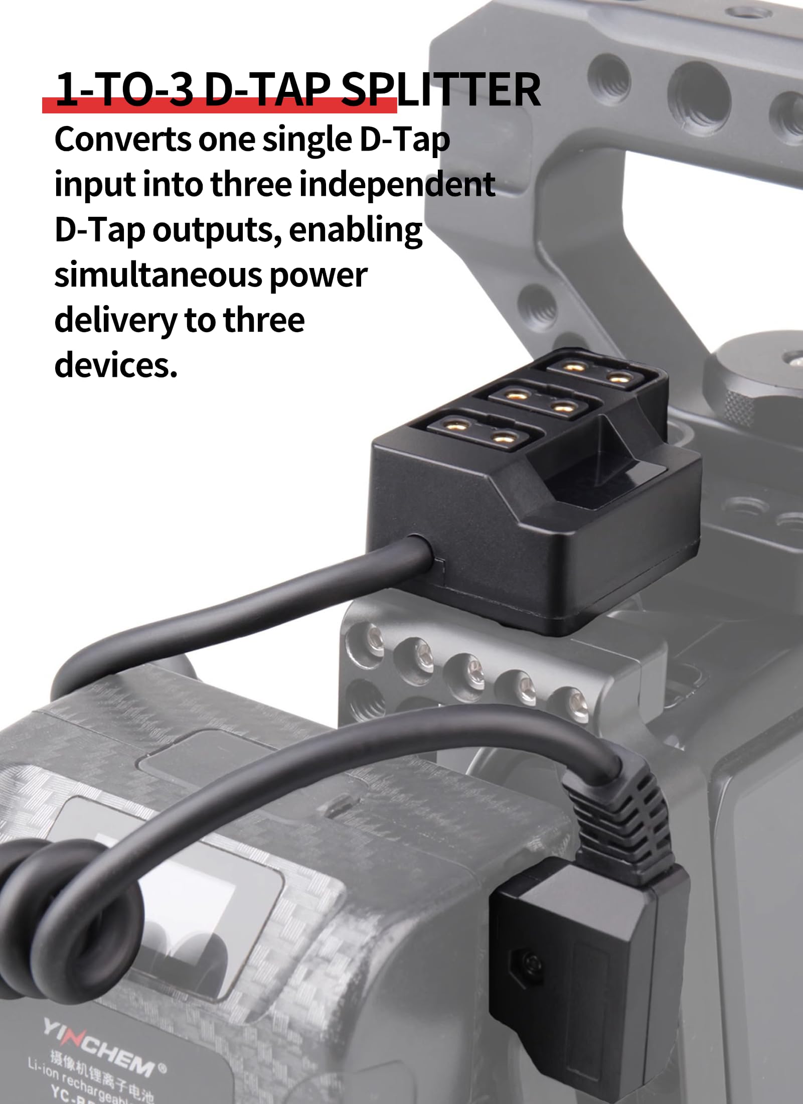 Cable Divisor de DTAP, Cable de Alimentación de DTAP Macho a 3 Puertos Hembra con Pantalla de Voltaje, 8a D Tap Voltímetro de Cubo para Batería de Cámara V, Jaula de Cámara,