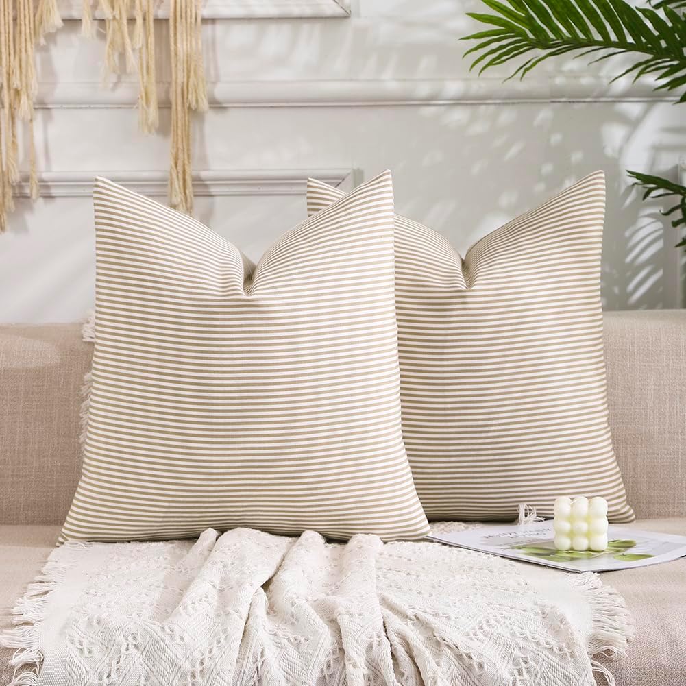 CARRIE HOME Brown Khaki Tan Striped Decorative Pillow Covers 18x18 Set of 2, Neutral Modern Farmhouse Dark Brown Couch Throw Pillows for Living Room 18 x 18 (No Pillow Inserts) Khaki Stripe 18" x 18" (Pack of 2)