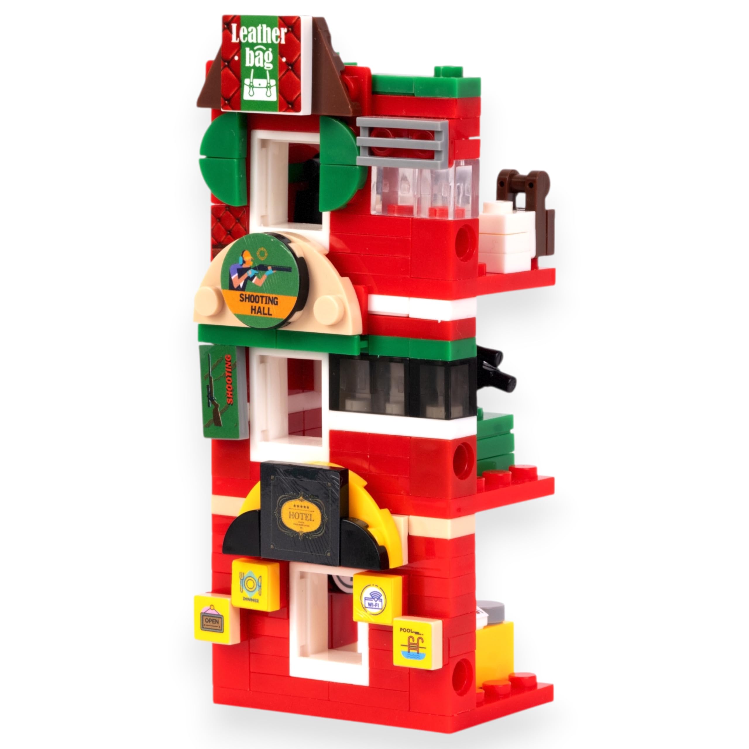 Brix Street Stackables Red Hub Building Blocks Toy | 3-in-1 Stackable Street Scene | Bag Shop, Shooting Hall & Hotel Builds-image-32