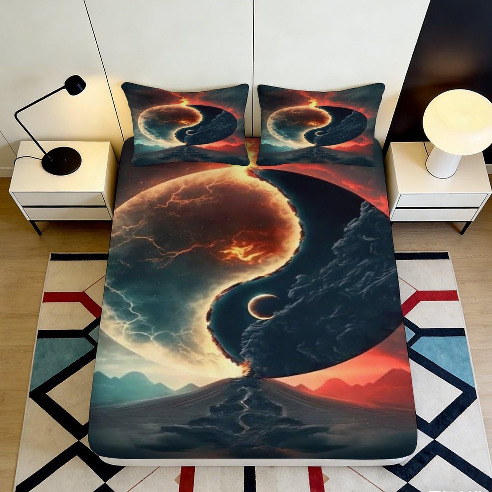 3D Printed Yin Yang Galaxy Fitted Sheet Microfiber Soft Mattress Cover for Bedroom Dorm Mattress Protection Decor 160x200x25cm
