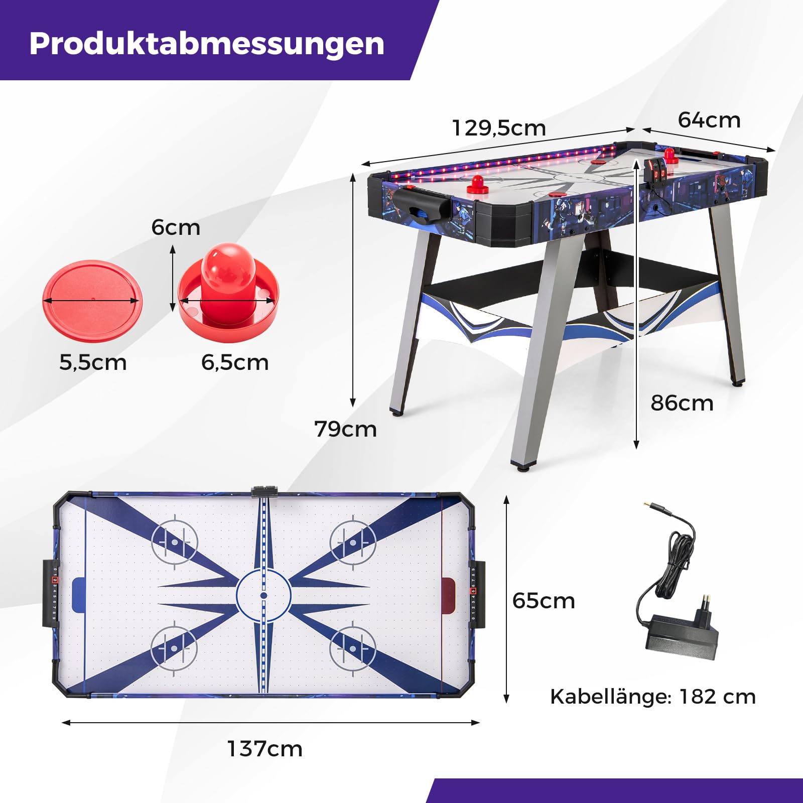 COSTWAY LED Airhockey Tisch, Air Hockey Spieltisch mit 12V Motor, 2 Schiebern & Pucks, Lufthockey elektrisch mit LED-Anzeigetafel, Tischhockey Eishockey für Kinder Erwachsene, 137 x 65 x 86 cm