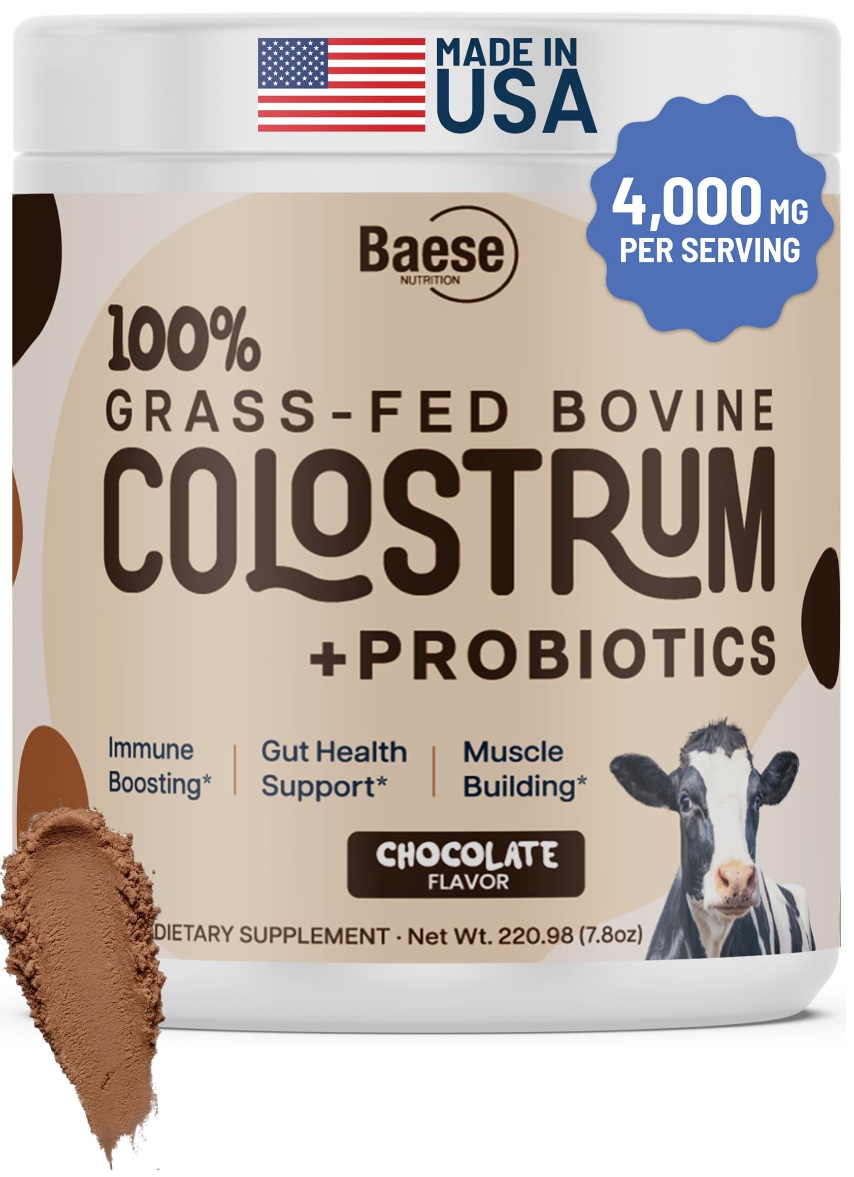 - Organic Chocolate 4000mg Grass Fed Bovine Colostrum Powder + Probiotics Colostrum Supplement for Kids & Adults with Immunoglobulins (220.98 Grams)