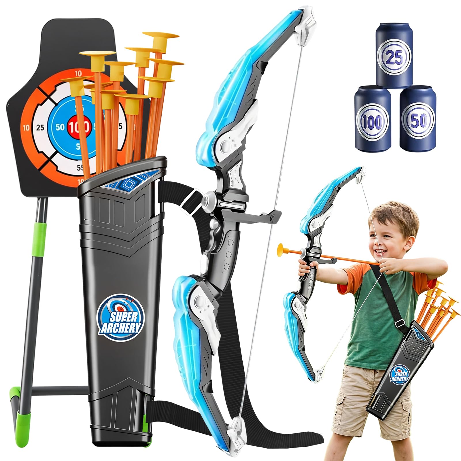 CEWROM Set di frecce e arco per bambini | Set per tiro con l'arco con luci a LED, include 10 frecce con ventosa, caraffa e bersaglio in piedi, per ragazzi e ragazze