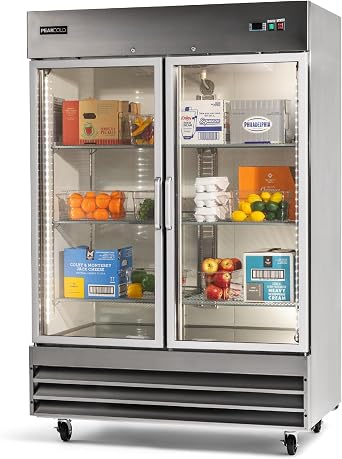 Double Glass Door Commercial Refrigerator, 47CuFt, Stainless Steel | Upright industrial fridge 54" wide, adjustable shelves, auto defrost, digital thermostat, internal light, durable, US support