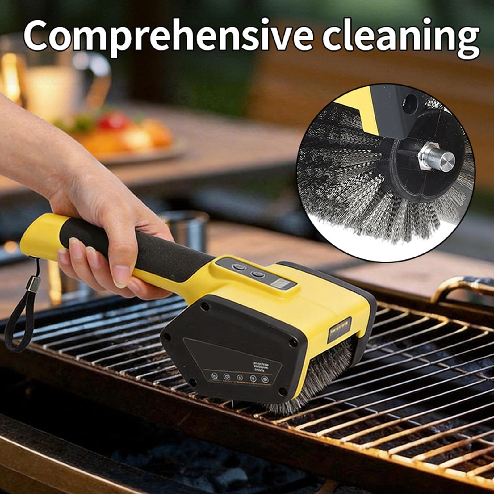 Cepillo Eléctrico para Parrilla, Cabezal de Acero Inoxidable, 500-800 RPM, Luces Led Y Protector contra Salpicaduras, Inalámbrico Recargable para Parrillas de Exterior Brown