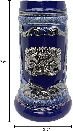 Miniatura 6 de OktoberfestHaus - Taza de cerveza con escudo de armas del Bayern alemán, escudo de armas con emblema de metal sobre jarra de cerámica azul cobalto,