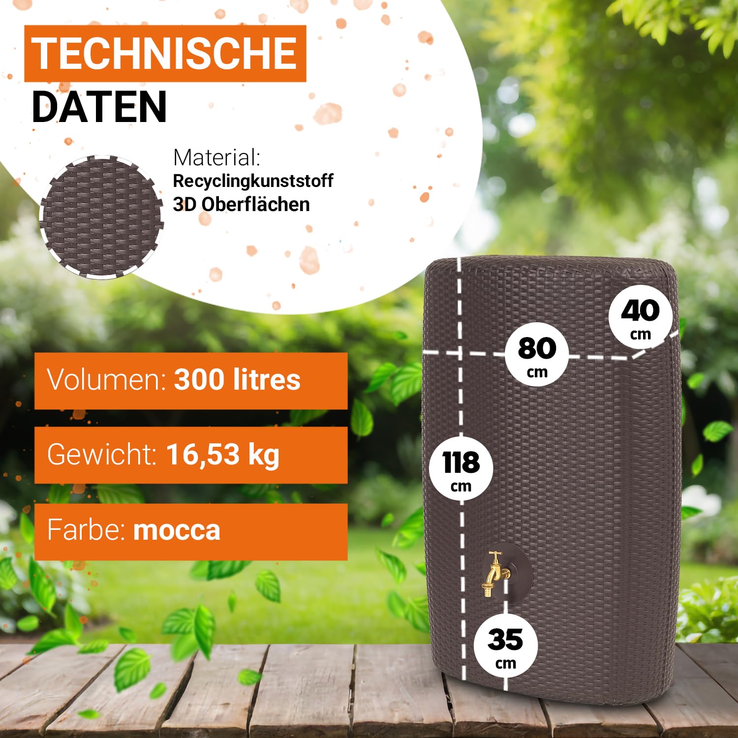 GARANTIA SUNDA Regentonne Komplett-Set 300 Liter Mocca | inkl. Messing-Auslaufhahn und Fallrohranschluss Wandtank, Wassertank, Regenwassertonne, Regenwassertank, Wasserbehälter