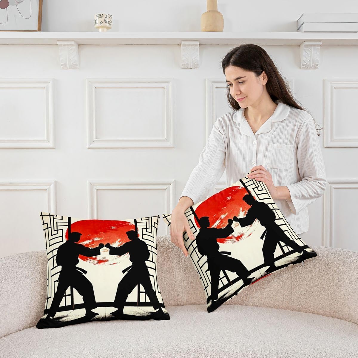 Feelyou Japanese Anime Throw Pillow Covers 1 Pcs Samurai Decorative Pillowcase Exotic Style Cushion Covers for Sofa Couch Bed Cushion Case Home Decor 22 x 22-Inch image 3