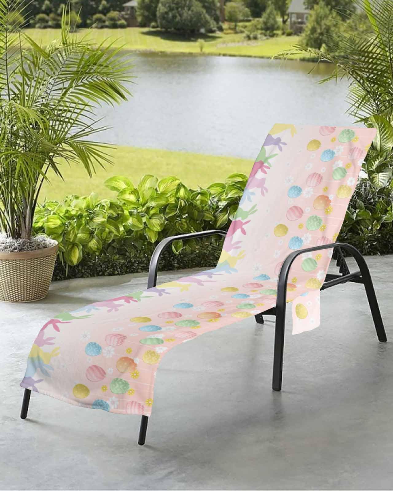 Easter Eggs Beach Chair Towel Covers for Chaise Lounge with Side Pocket, Soft Plush Pool Towels Cover for Patio Sunbathing Outdoor 29''x85'' Colored Easter Bunny Weeping Blossom