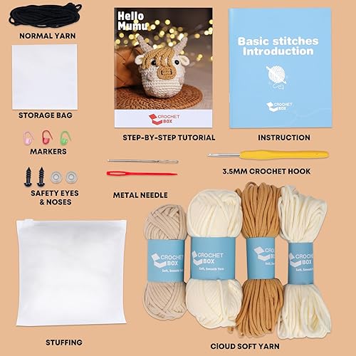Miniatura 10 de Kit de ganchillo para principiantes: kit de ganchillo de vaca Highland, incluye hilo suave fácil de tejer, tutorial en video paso a paso, gancho