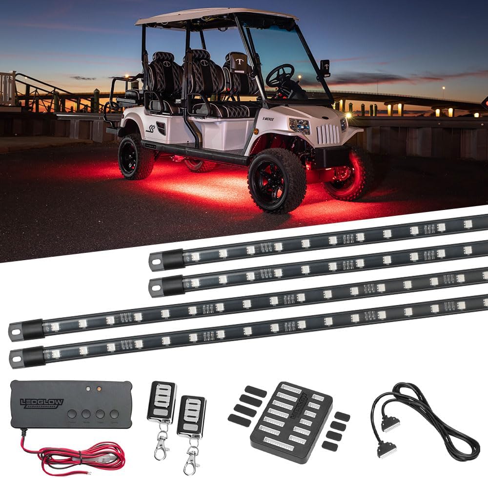 LEDGlow 4pc Million Color LED 12V-72V Electric 6-Seater Golf Cart Underglow Underbody Accent Neon Lighting Kit - Fits EZGO, Yamaha, Club Car, ICON, Evolution, Tomblerin, Star EV - Flex Voltage Reducer