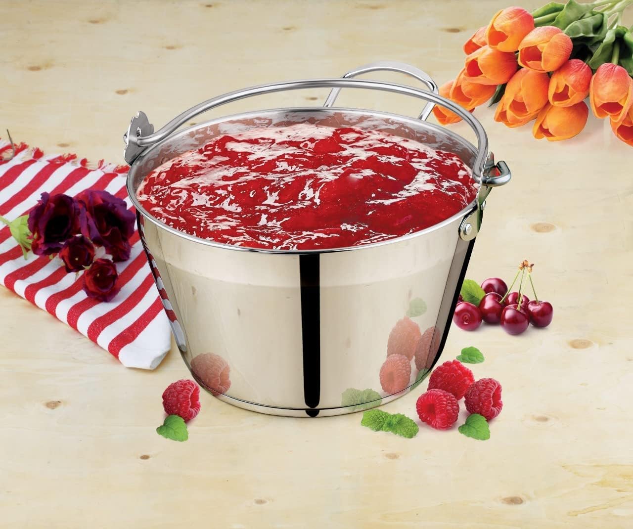 Penguin Home Sartén de 5 L con embudo de mermelada de cuello ancho de 14 cm, olla de acero inoxidable con embudo de conservas de acero para conservar, sartén combinada y embudo de mermelada con mango