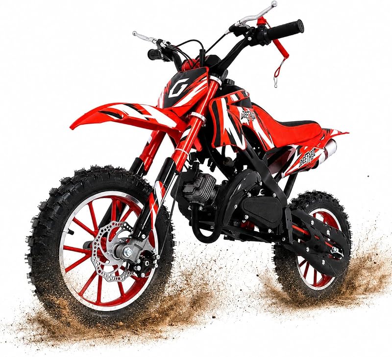 50cc Kids Gas Dirt Bike,2-Stroke Mini Dirtbike for Kids 8-14 | Gas Mini Bike Dual Disc Brakes,Front & Rear Shock,10" Off-Road Tires,28 MPH Top Speed,132 LBS Max Load,Red