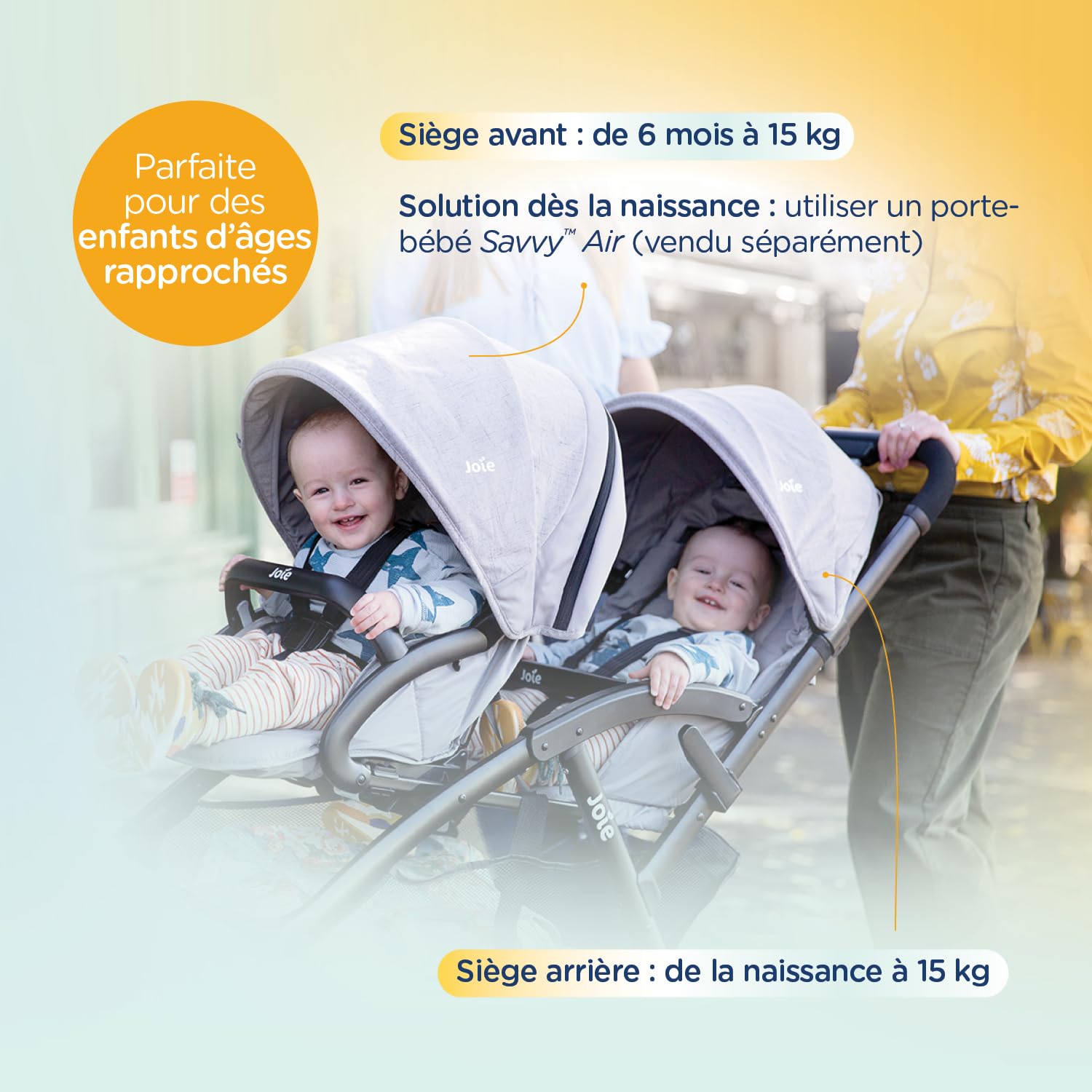 Joie – EVALITE DUO – Poussette Double Légère – Naissance à 15 kg – Pliage Compact 1 Main – Compatible Coque Siège Arrière – Ultra Légère 10,5 kg – Grand Panier – Habillage pluie inclus – Coloris Shale