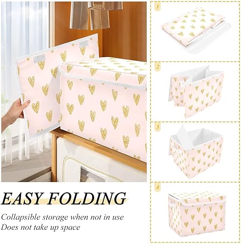 Miniatura 4 de Bolsas de almacenamiento plegables con corazones dorados para el día de San Valentín, contenedores de almacenamiento de tela con asa reforzada,