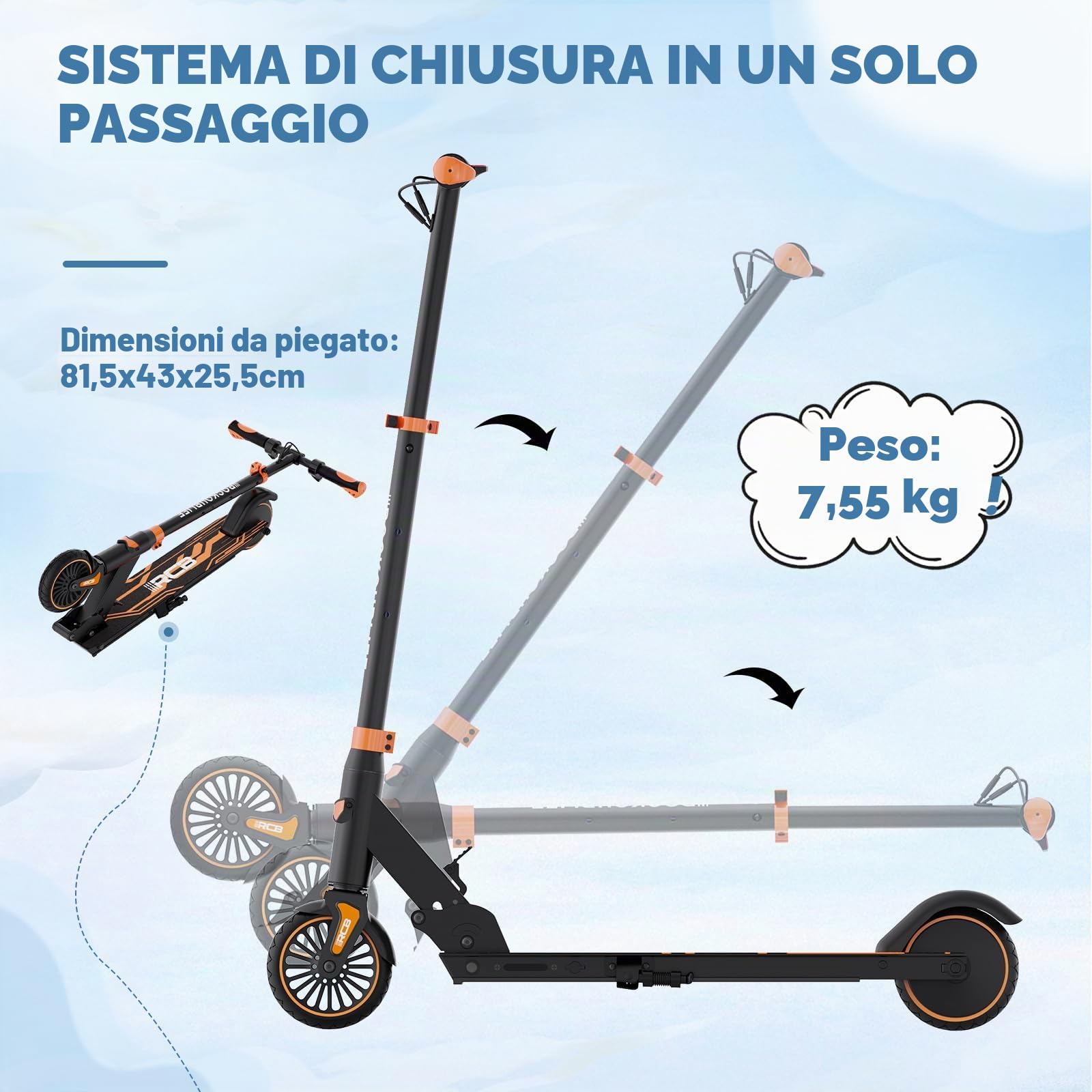 RCB Monopattino Elettrico Bambini da 8-12-16 anni, Solo 7.55KG Pieghevole Monopattino Elettrico, 250W Motor, Autonomia Max 16KM, Max 20KM/H, Regalo per Bambini ed Adolescenti