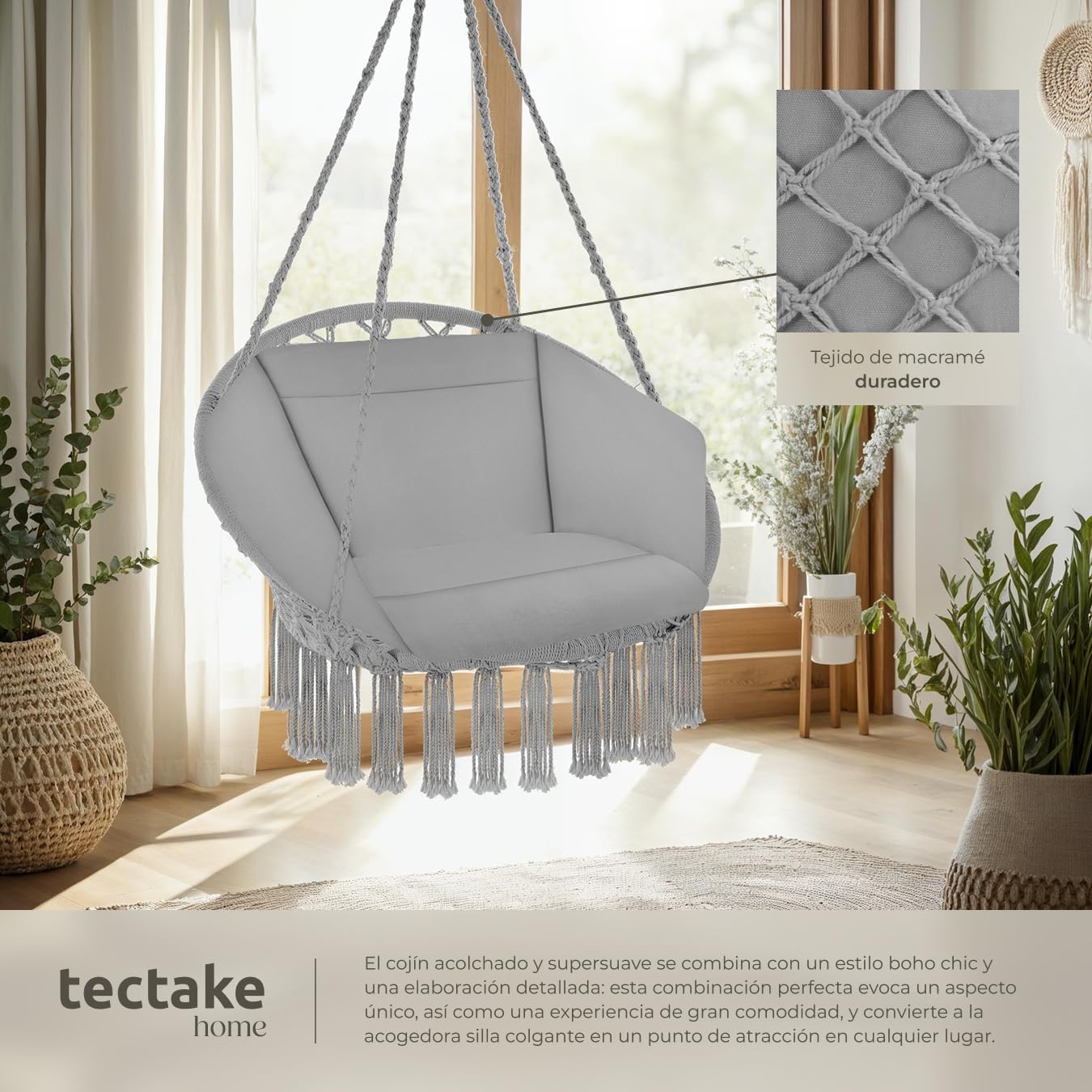 tectake® Columpio Jardín Exterior, Silla Colgante con Cojín Grande y Mullido, Sillón Balancín con Estructura Estable de Acero, Hamaca Colgante para Interior y Exterior, Trenzado en Algodón - Gris