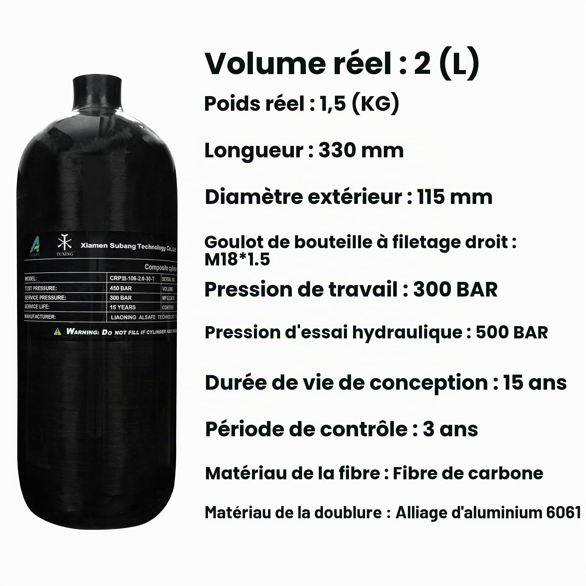 TUXING Réservoir à air en fibre de carbone 4500psi 2 l (bouteille d'empty & station de remplissage de paintball avec valve double calibre pour PCP Air Rifle, plongée, snorkeling, sports nautiques