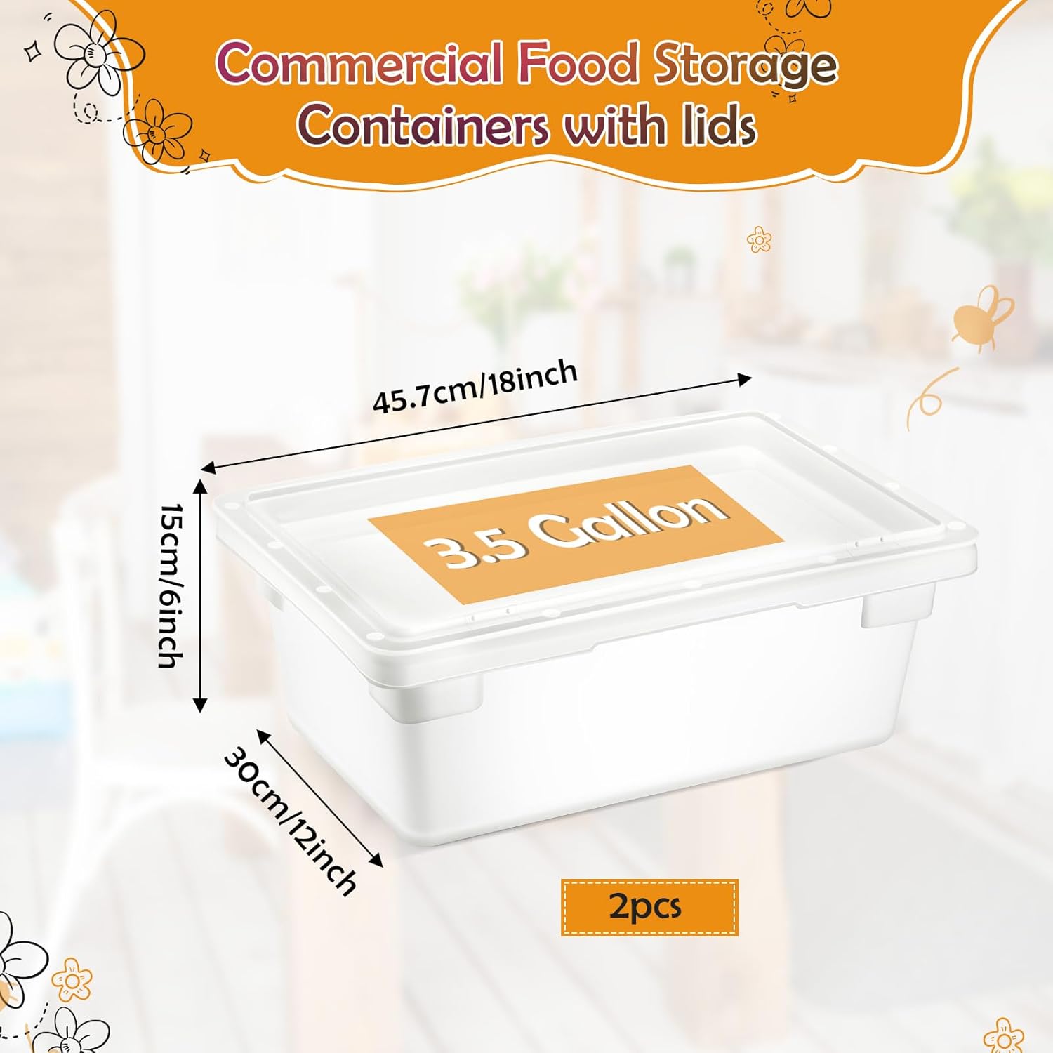 Barydat 2 Pack Food Storage Box Tote, Freezer and Dishwasher Safe Commercial Food Storage Containers Bins with Lids for Fruits Vegetables Grains Home Organization, White (3.5 Gallon)