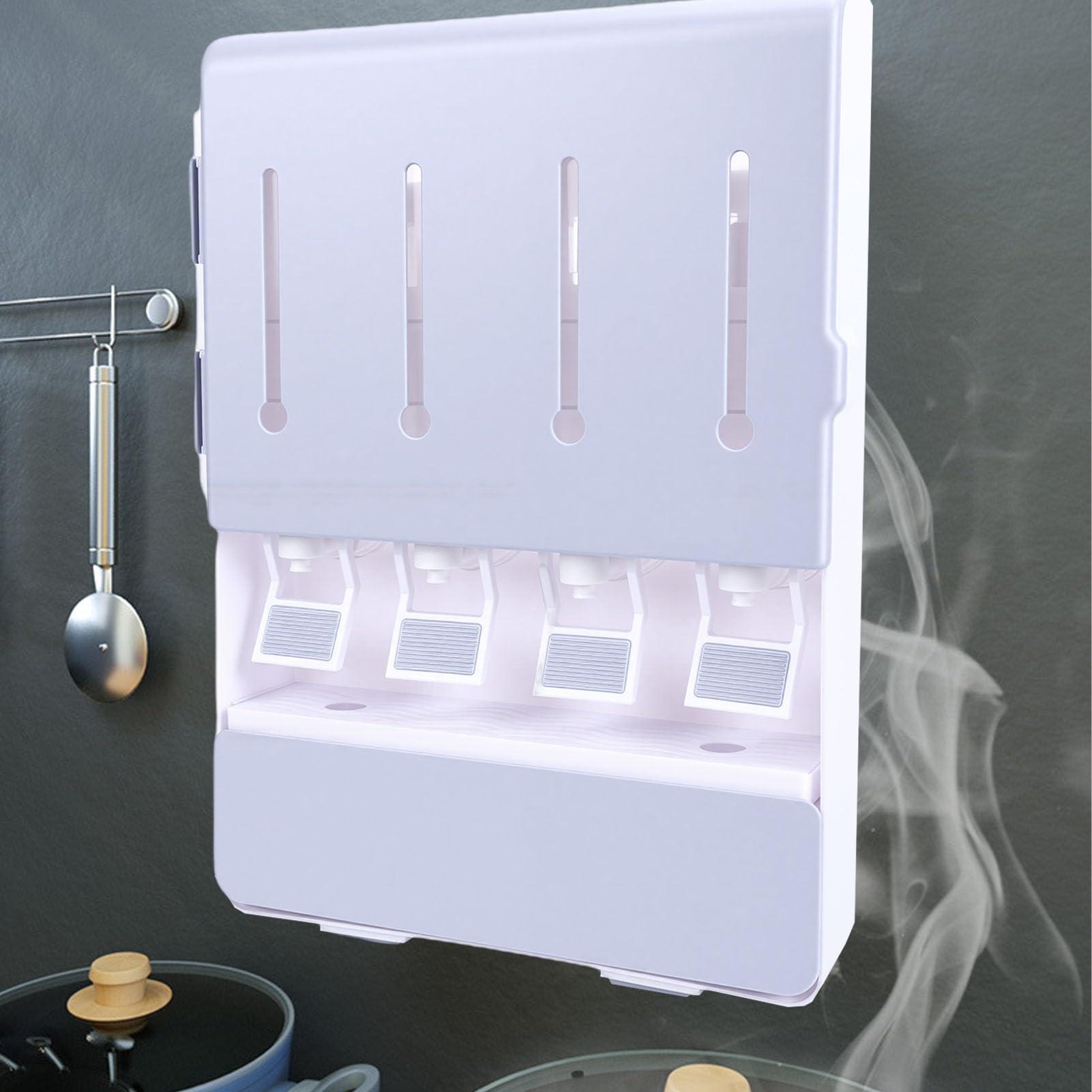 Wakects Scaffale per Condimenti a Parete, Scatola per Condimenti in ABS con 4 Barattoli e Cucchiai in Vetro Trasparente, Organizer per Olio e Aceto da 30 X 42 X 7 Cm per Uso su Bancone o a Parete