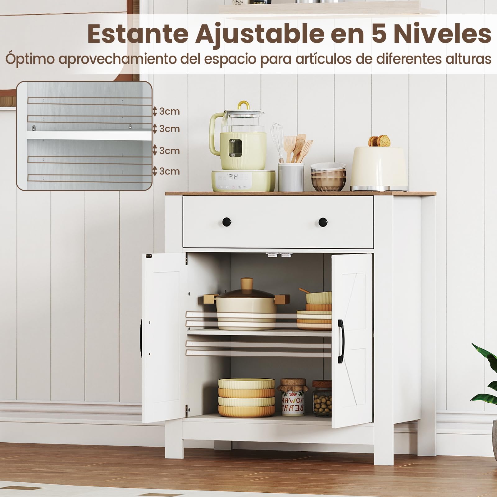COSTWAY Mueble Auxiliar de Cocina, 76 x 40 x 85 cm, Aparador de Entrada Bajo con 1 Cajón, 2 Puertas y Estante Ajustable, Armario de Almacenamiento para Cocina, Salón, Entrada, Blanco y Natural