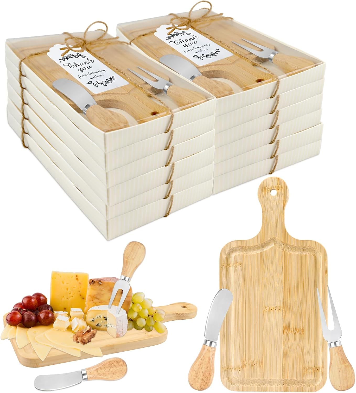12 Sets Baby Shower Prizes for Game Winners Adults, Bridal Shower Prizes for Guests, Small Cheese Board Gift Set with Mini Charcuterie Board, Knives, Forks, Thank You Card & Gift Box