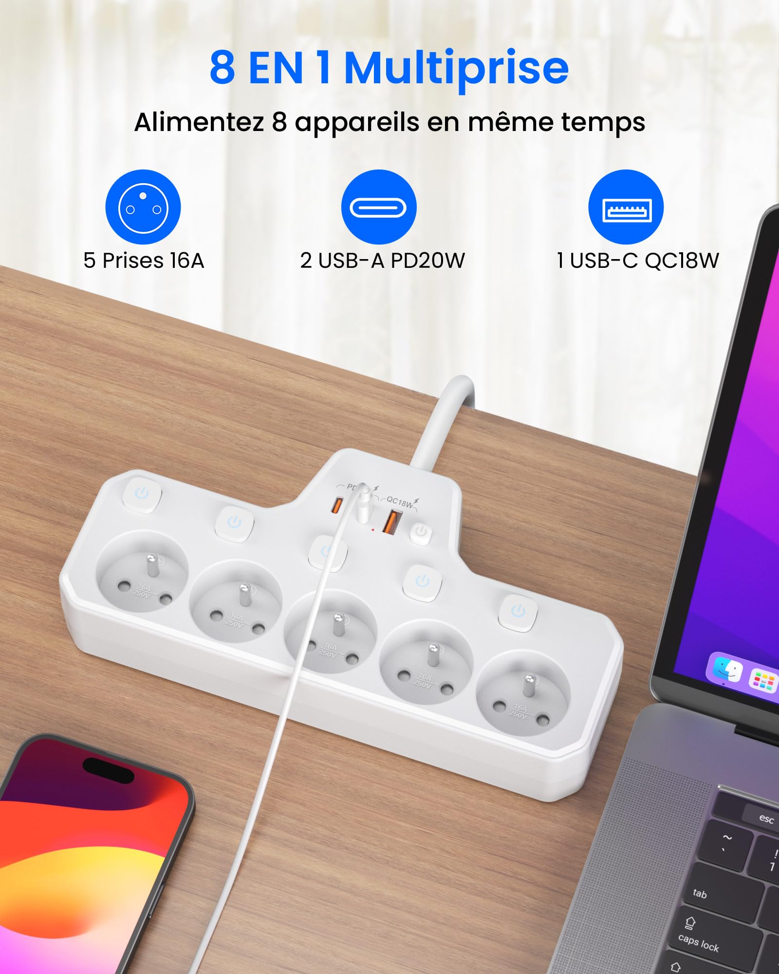 Listwa Zasilająca Wtyczka Płaska,5 Polskie Gniazda,Przedłużacz 2M Kabel | Gniazdo USB C PD20W Szybkim Ładowaniem,Indywidualny Przełącznik,Płaskie Gniazdko do Domu i Biura,za Biurkiem i Meblami,Biały